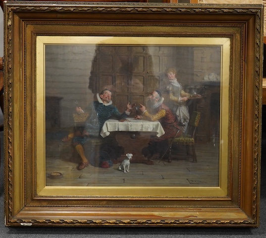 Alfred Holst Tourrier (1836-1892), oil on canvas, Interior scene with figures wearing Tudor dress, signed, 41 x 55cm, ornate gilt frame. Condition – good, minor damage to upper right of canvas